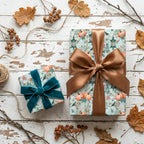 Vintage pumpkin wrapping paper with elegant satin and velvet bows, by Wrapped Studios.