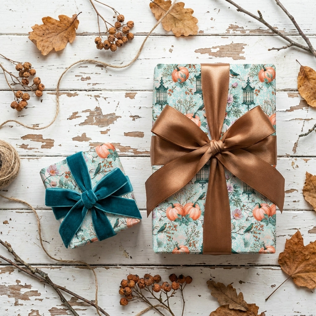 Vintage pumpkin wrapping paper with elegant satin and velvet bows, by Wrapped Studios.