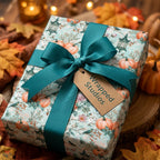 Vintage pumpkin wrapping paper with a teal ribbon by Wrapped Studios, ideal for elegant autumn gift wrapping.