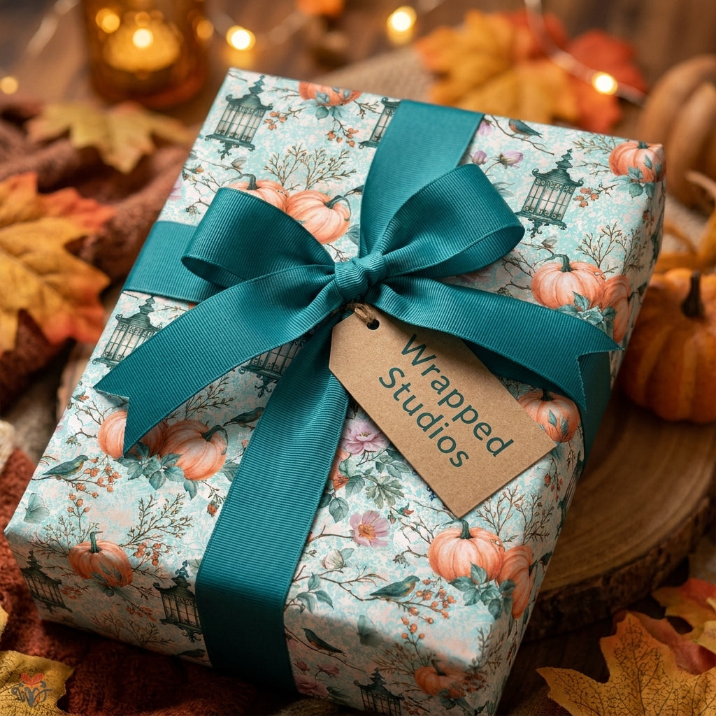 Vintage pumpkin wrapping paper with a teal ribbon by Wrapped Studios, ideal for elegant autumn gift wrapping.