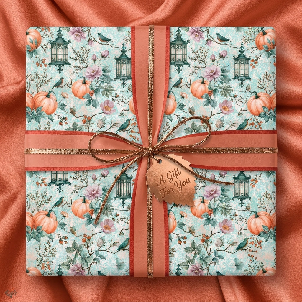 Vintage fall pumpkin wrapping paper with lanterns and birds, tied with terracotta ribbon by Wrapped Studios.