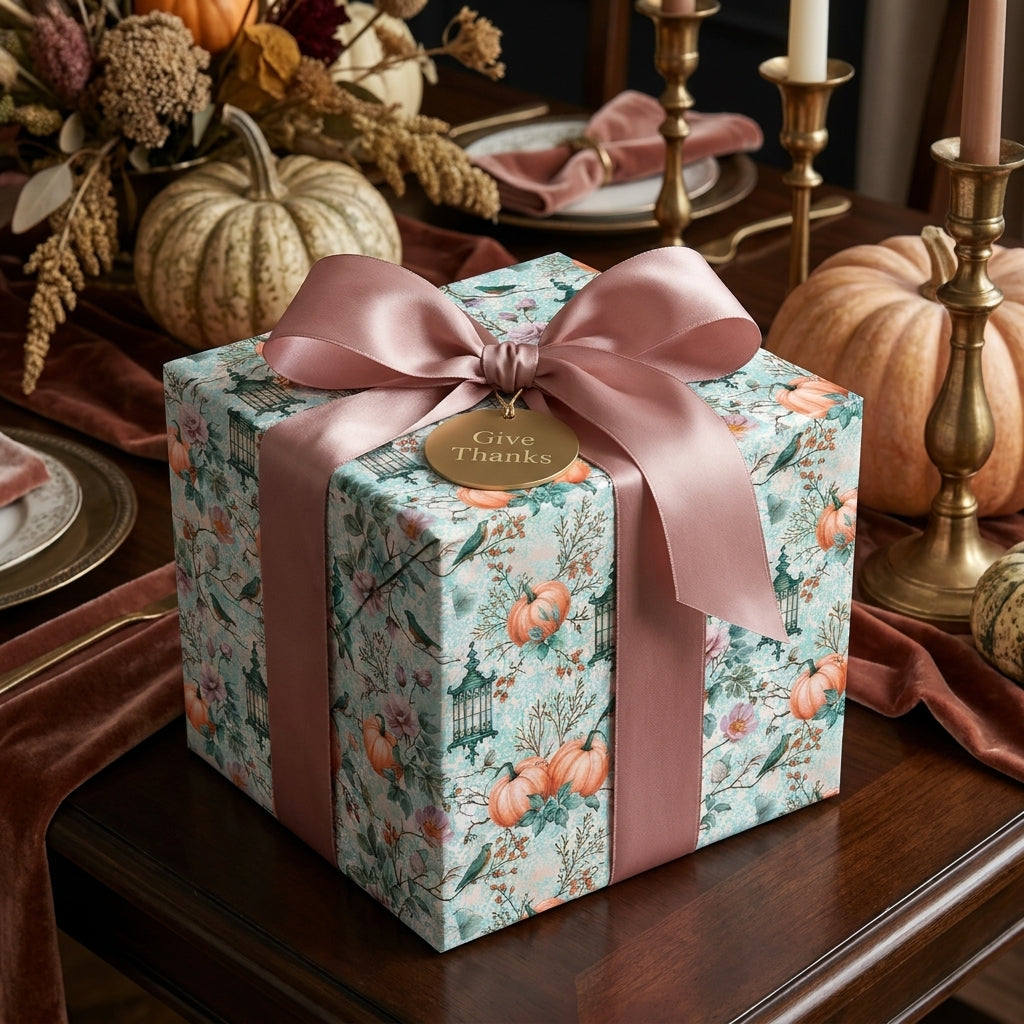 Pumpkin Thanksgiving wrapping paper with a dusty rose satin bow on an autumn table by Wrapped Studios.