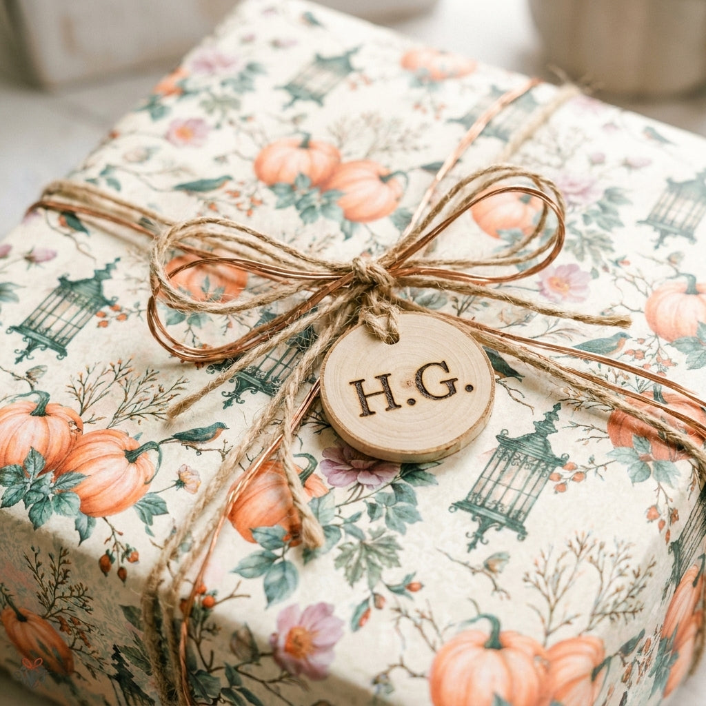 Rustic pumpkin and lantern fall wrapping paper by Wrapped Studios, tied with twine and a wooden tag.