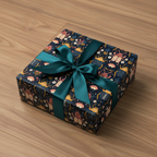 Square gift box wrapped in beetle themed paper and tied with a satin emerald bow.