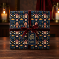 Elegant gift wrapped in beetle-themed floral wrapping paper with a burgundy velvet ribbon and gift tag.