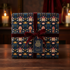 Elegant gift wrapped in beetle-themed floral wrapping paper with a burgundy velvet ribbon and gift tag.