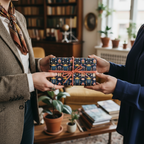 Exchanging a gift wrapped in dark blue beetle print wrapping paper with coral twine, perfect for birthday or special occasion gifts.