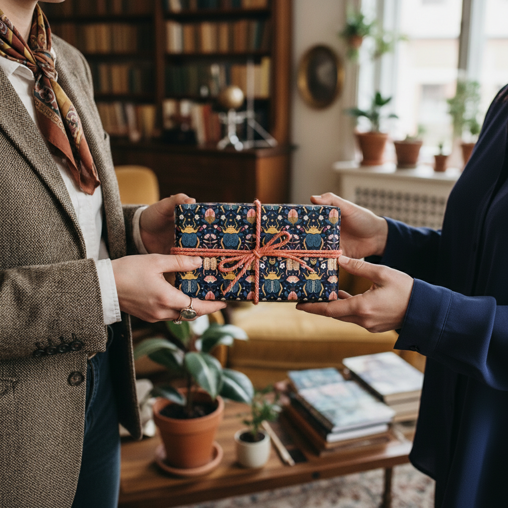 Exchanging a gift wrapped in dark blue beetle print wrapping paper with coral twine, perfect for birthday or special occasion gifts.