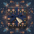 Navy gift with bug-themed wrapping paper, a navy ribbon, and tag, perfect for nature lovers.