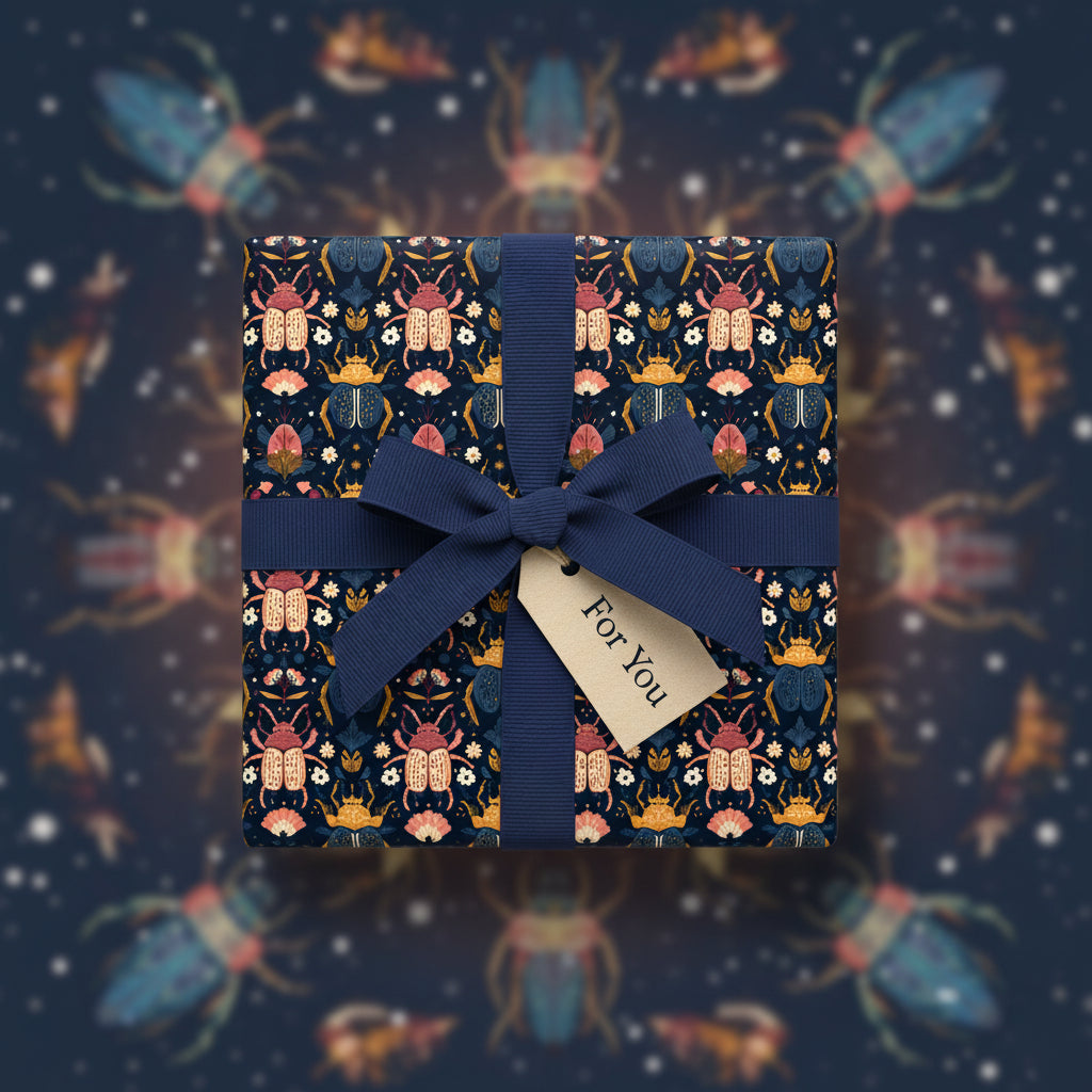 Navy gift with bug-themed wrapping paper, a navy ribbon, and tag, perfect for nature lovers.