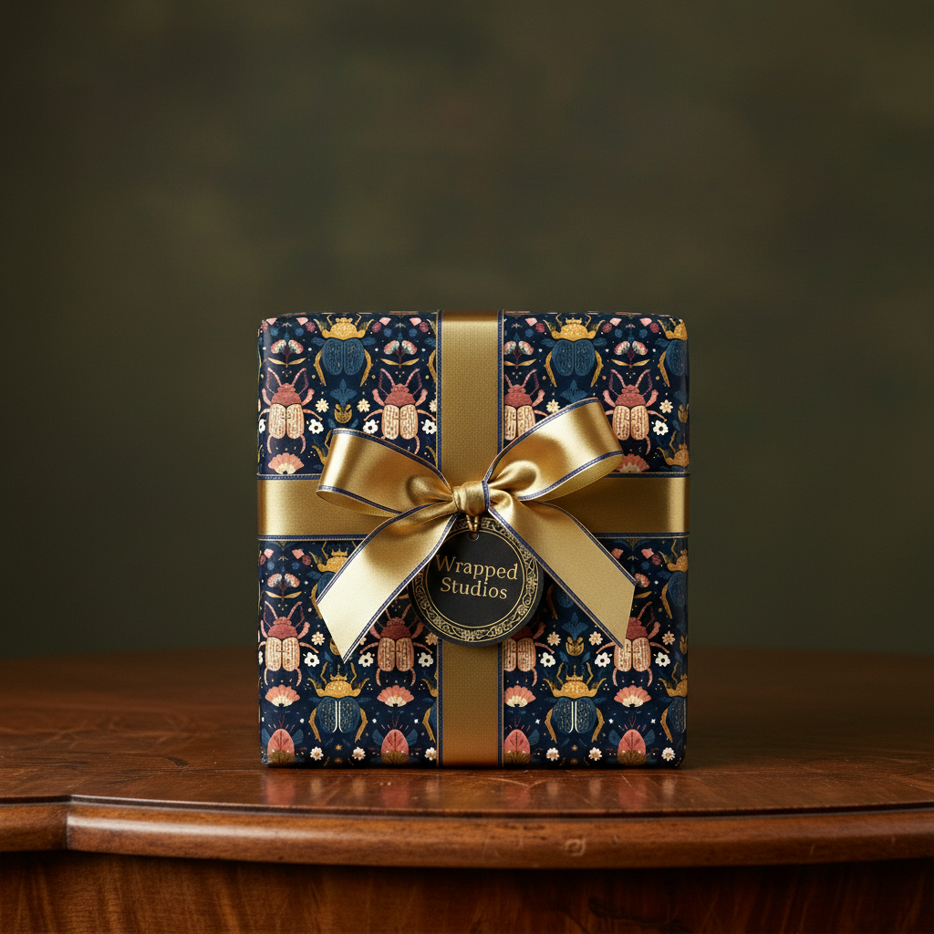 Luxury gift wrap with beetle pattern, gold ribbon, and bow; elegant wrapping paper for birthdays or special occasions.