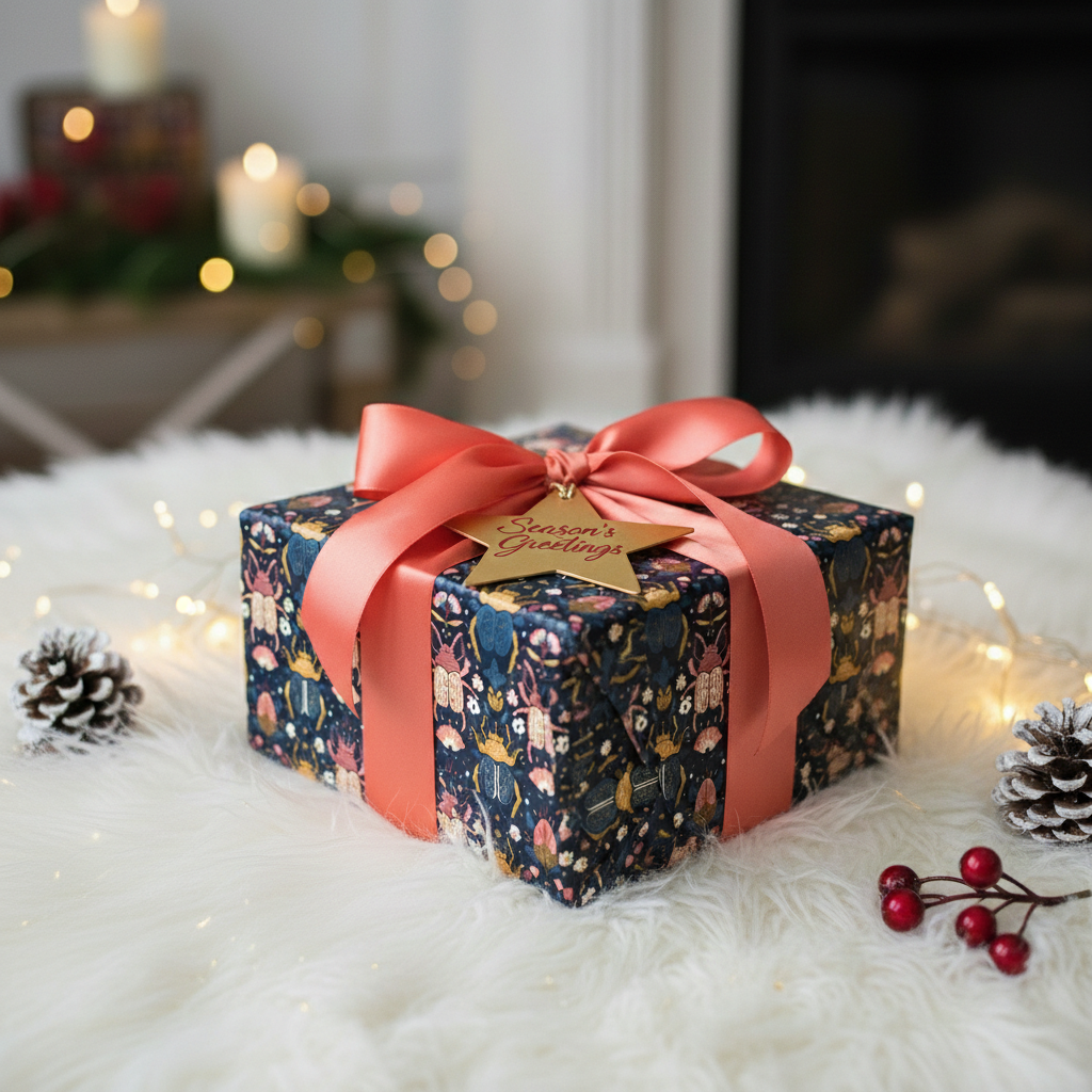 Elegant gift wrapped in dark blue wrapping paper with a floral-insect pattern and coral ribbon.