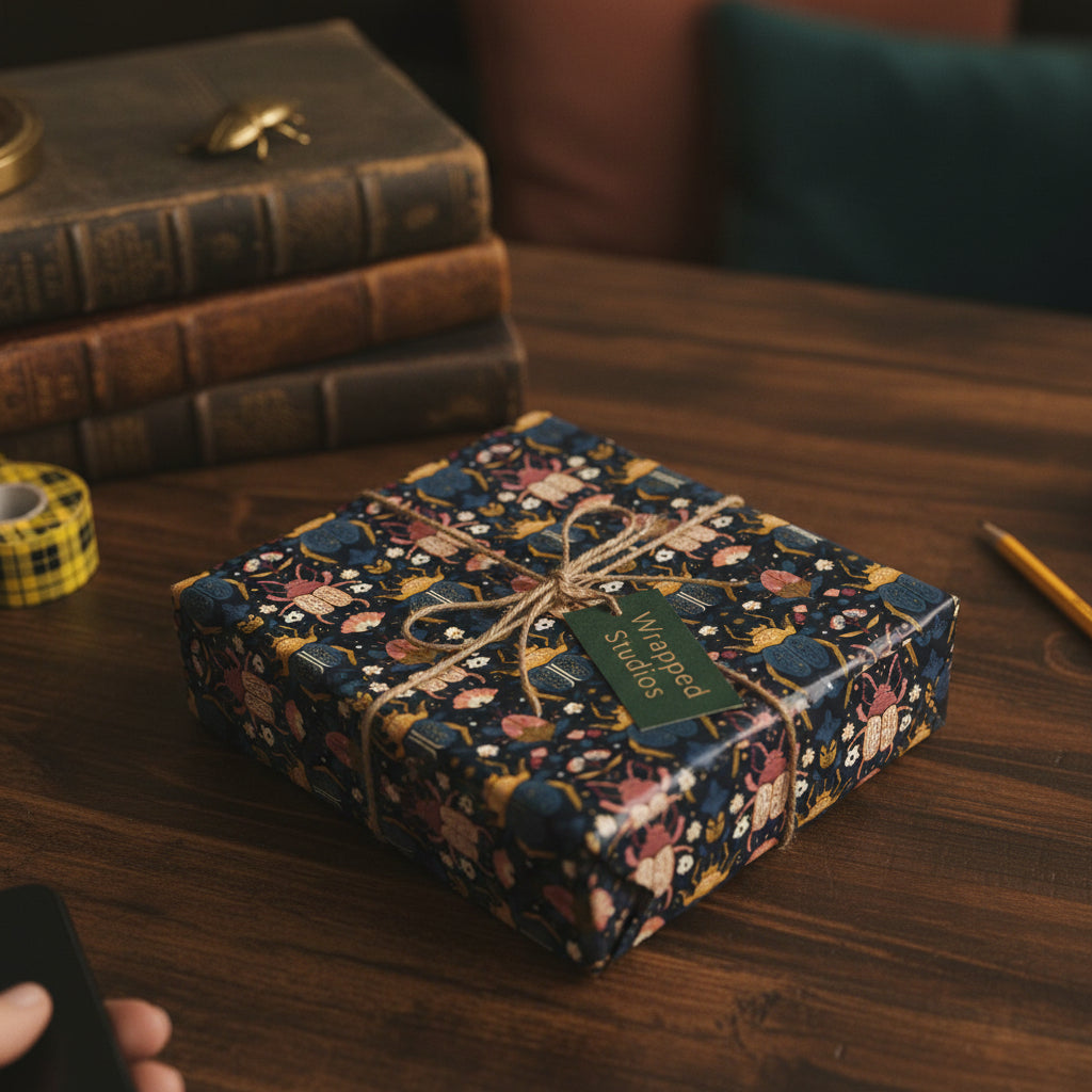 Elegant gift wrapped in navy floral wrapping paper with twine on a wooden table with vintage books.
