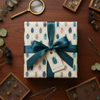 Wrapped gift in beetle-patterned wrapping paper with teal ribbon on a dark wood table.