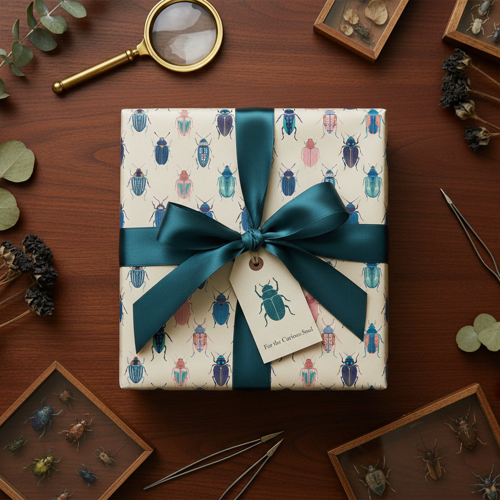 Wrapped gift in beetle-patterned wrapping paper with teal ribbon on a dark wood table.