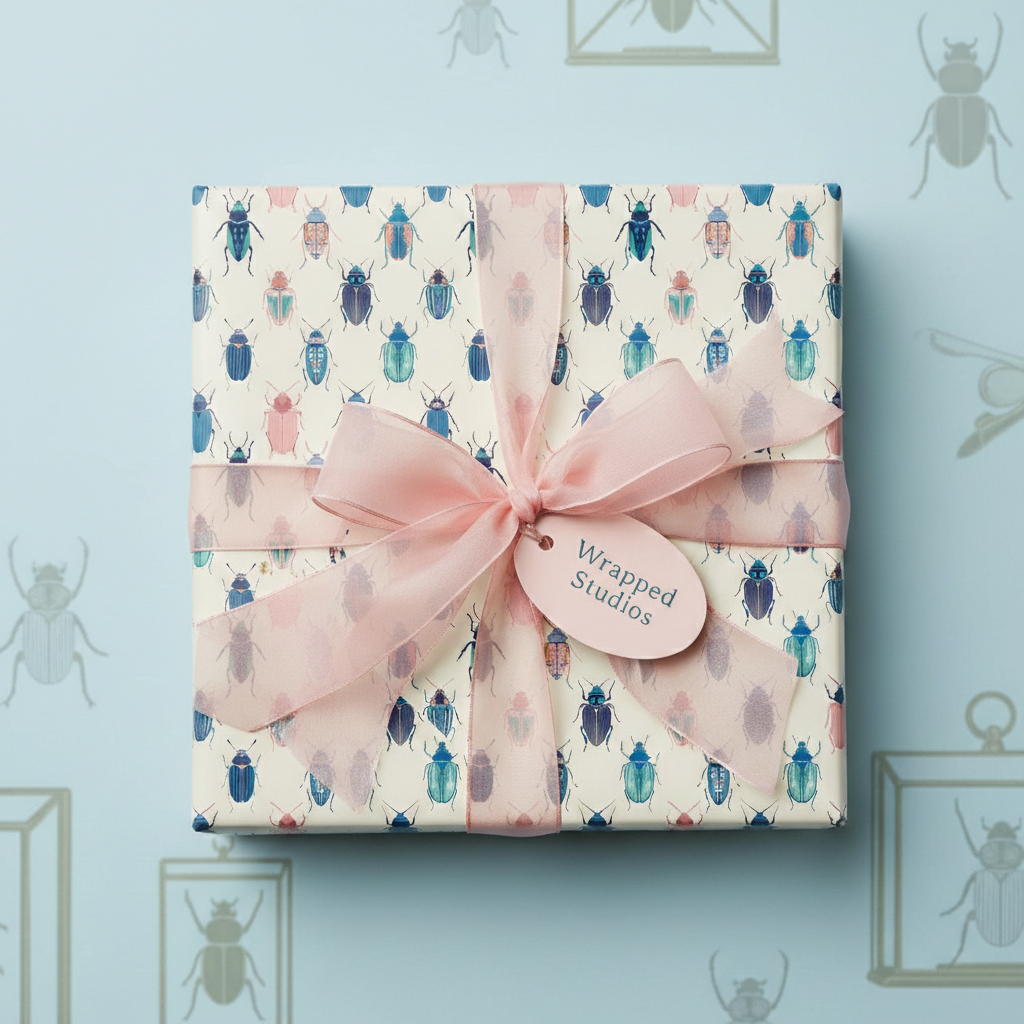 Beetle-themed gift wrap with a sheer pink ribbon, stylish wrapping paper for birthdays or special occasions.