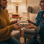 Two women exchanging a gift wrapped in beetle-themed birthday wrapping paper with twine.