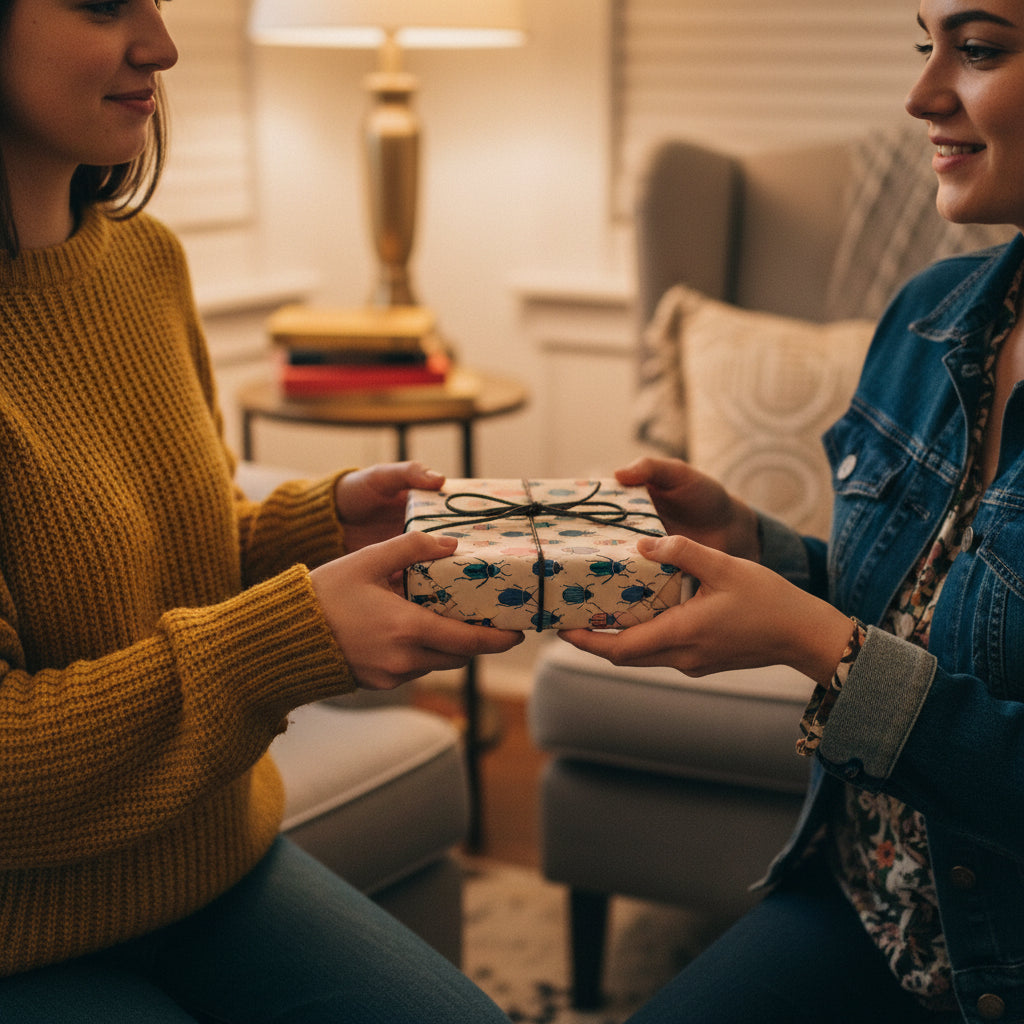 Two women exchanging a gift wrapped in beetle-themed birthday wrapping paper with twine.
