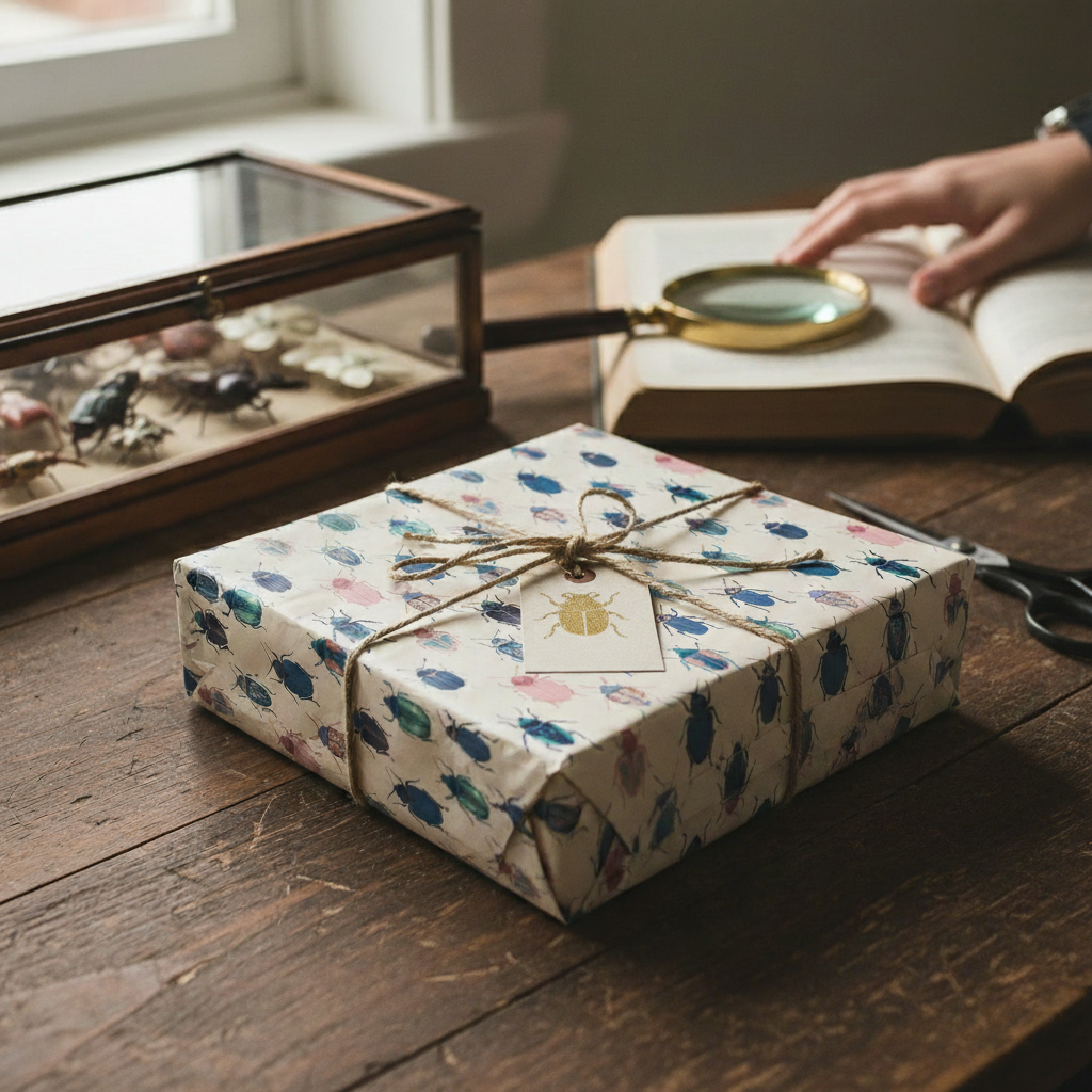 Square gift wrapped in unique beetle-themed birthday wrapping paper with twine bow and tag.