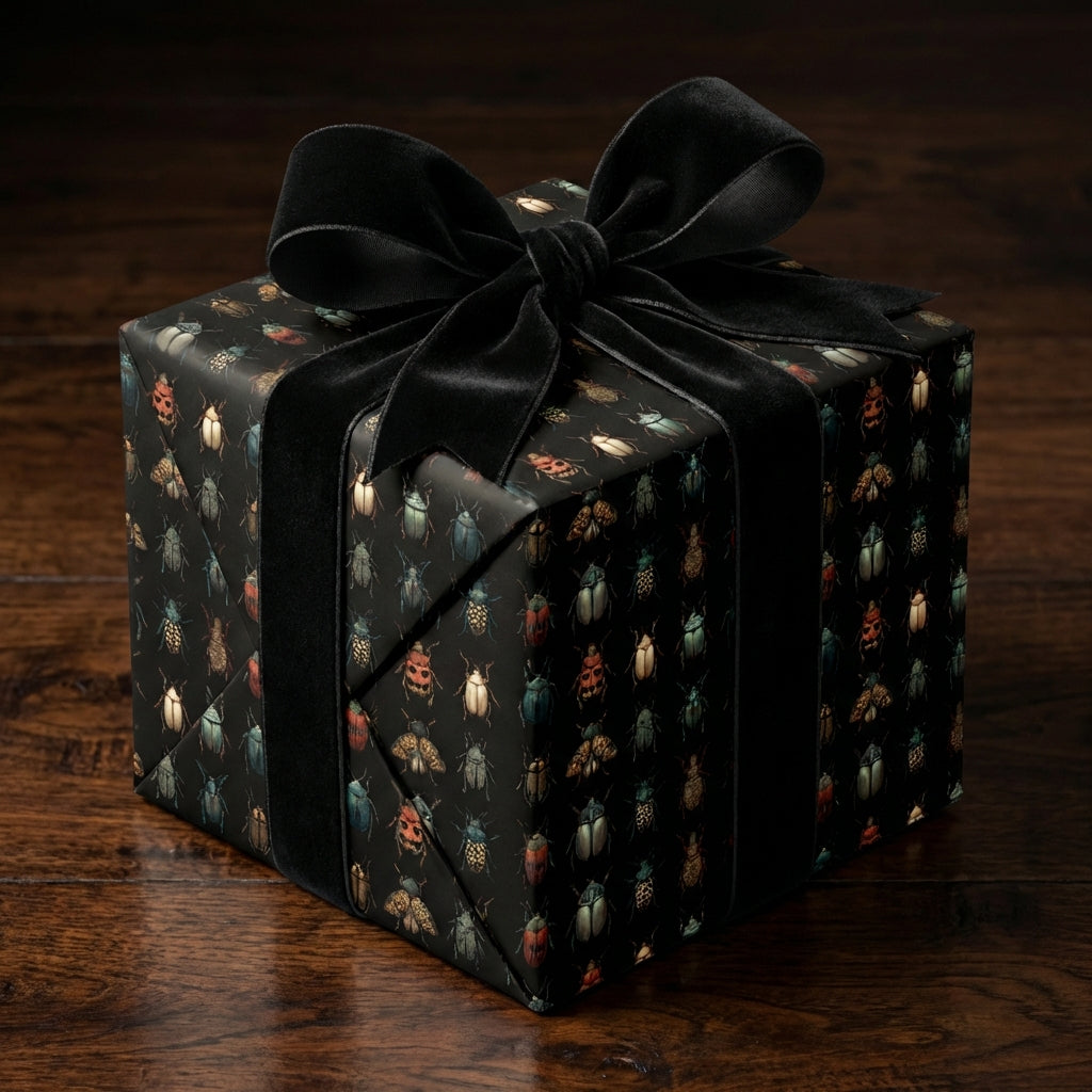 Elegant gift wrapped in black insect-patterned wrapping paper and tied with a black velvet ribbon.