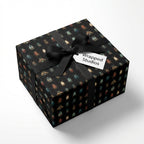 Gift box in bug print wrapping paper with black ribbon and white tag.