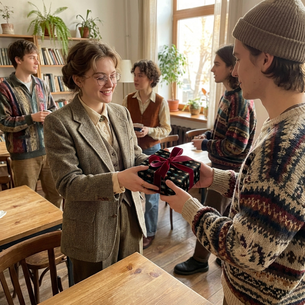 Woman receives a dark gift box with red velvet ribbon, presented in a cozy, vintage-style room.
