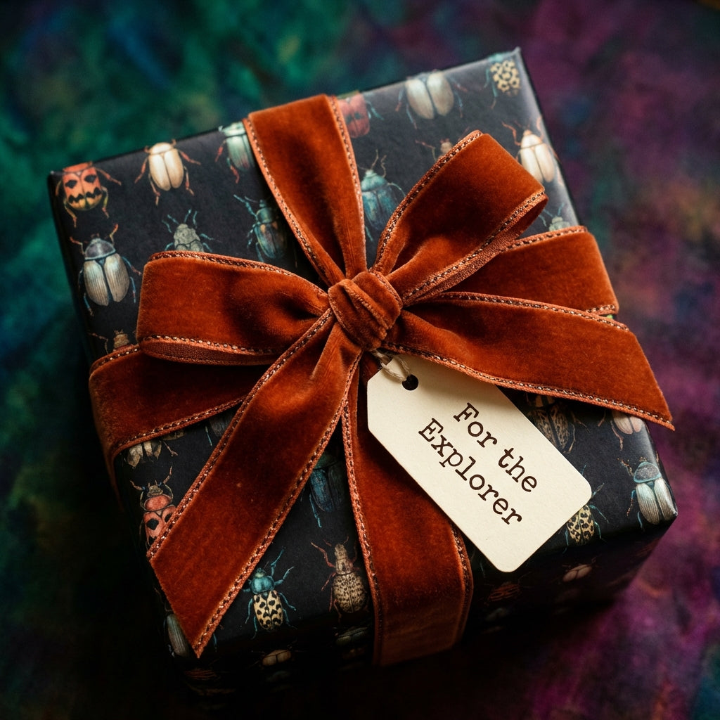 Unique gift wrap with vintage beetle print, tied with a rust-colored velvet ribbon and "For the Explorer" tag.