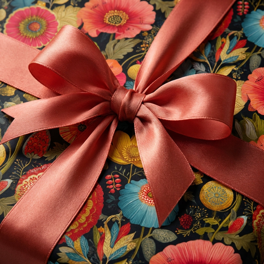 Close-up of floral wrapping paper with a coral satin bow; luxury gift wrap for birthdays, weddings, or any special occasion.