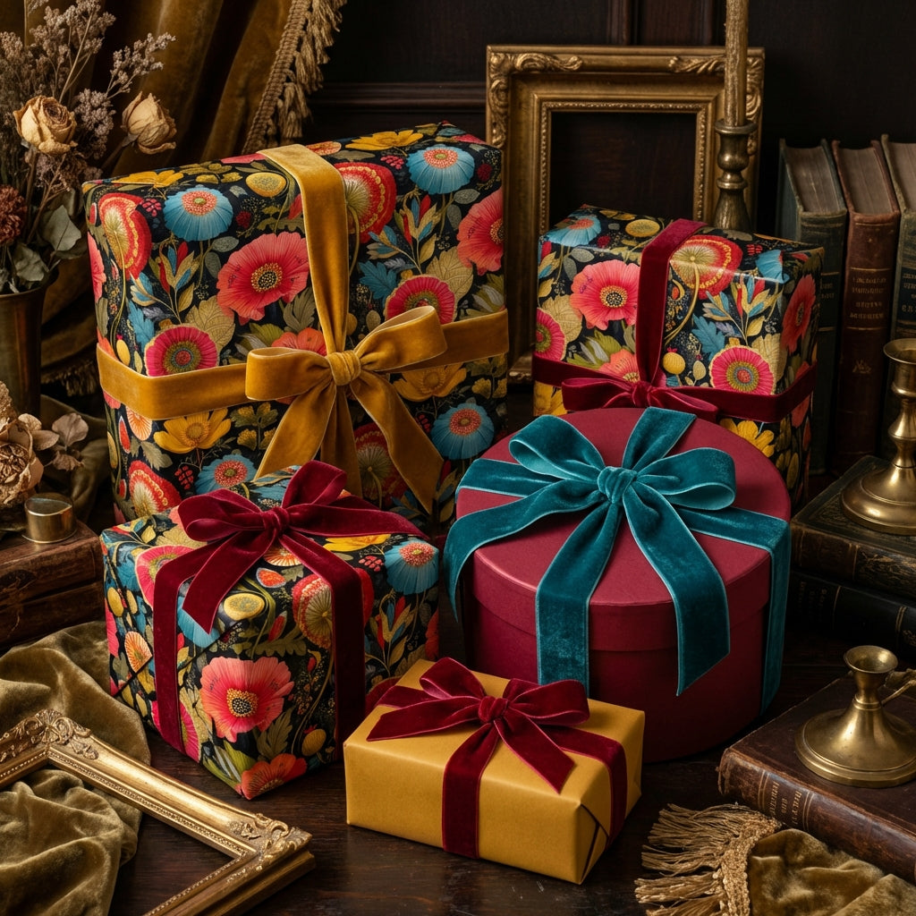 Elegant gifts wrapped in luxury floral wrapping paper with velvet ribbons for a special occasion.