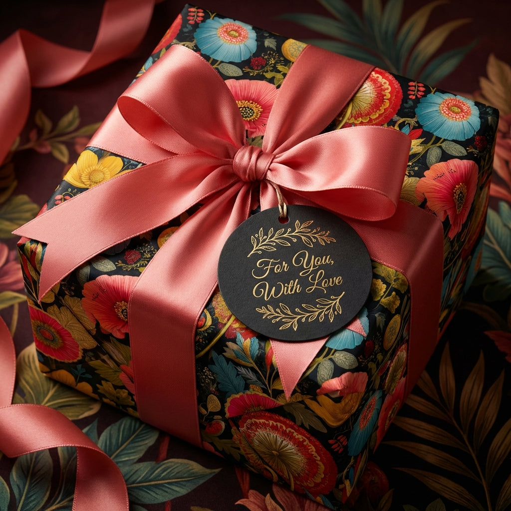 Elegant gift wrapped in floral wrapping paper with coral ribbon and "For You, With Love" tag.