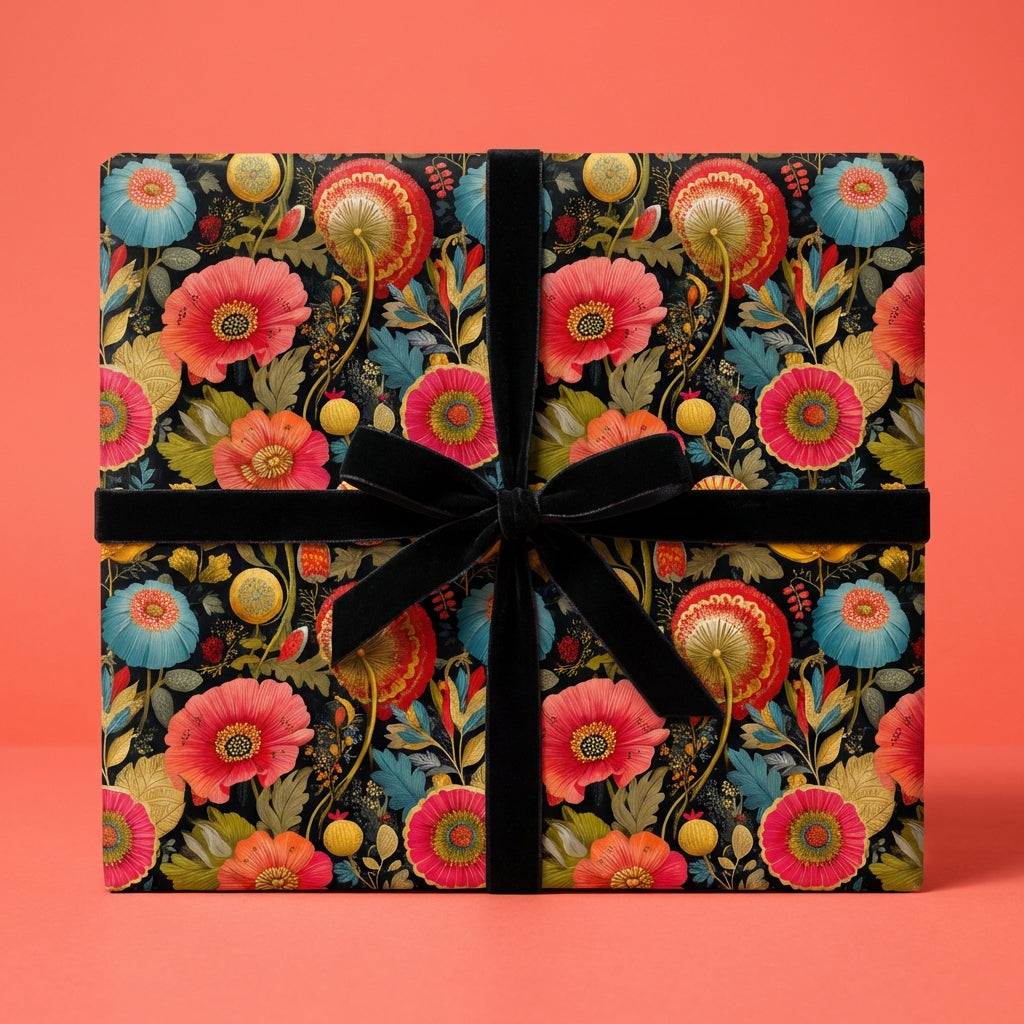 Gift box wrapped in colorful floral wrapping paper with a black velvet ribbon.