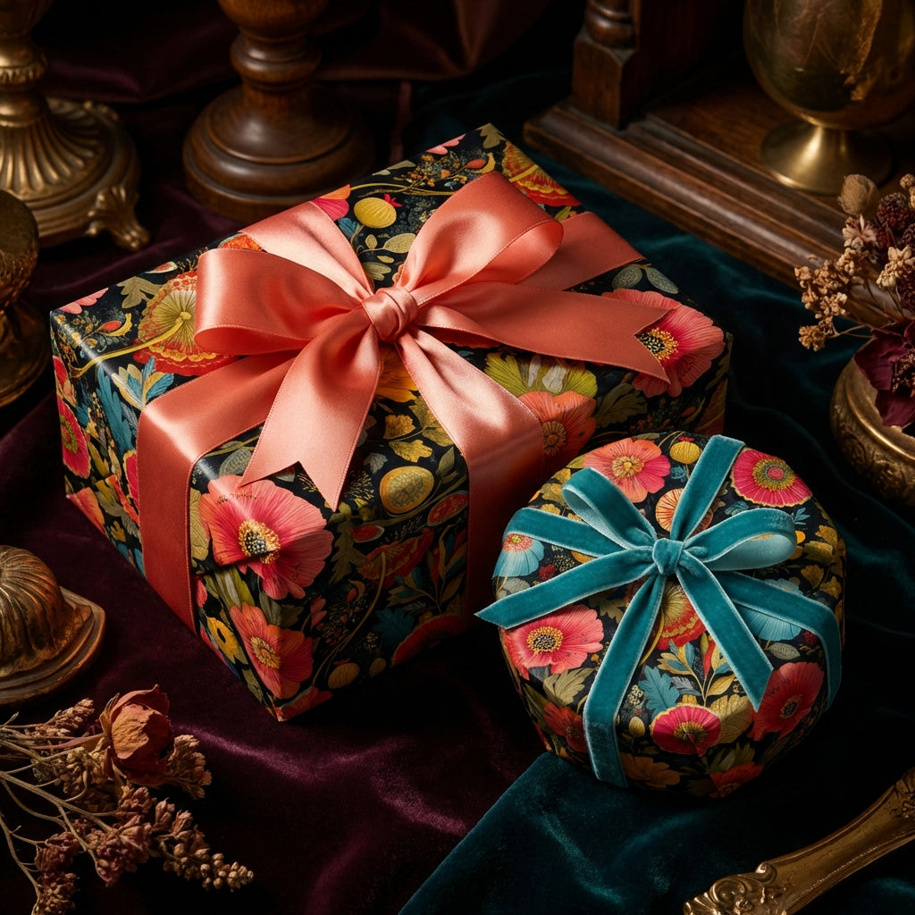 Elegant gift wrap with floral wrapping paper and coral or teal ribbon, suitable for luxury gifts.