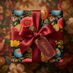 Square gift box in vintage floral wrapping paper with red ribbon and "Celebrate" tag.