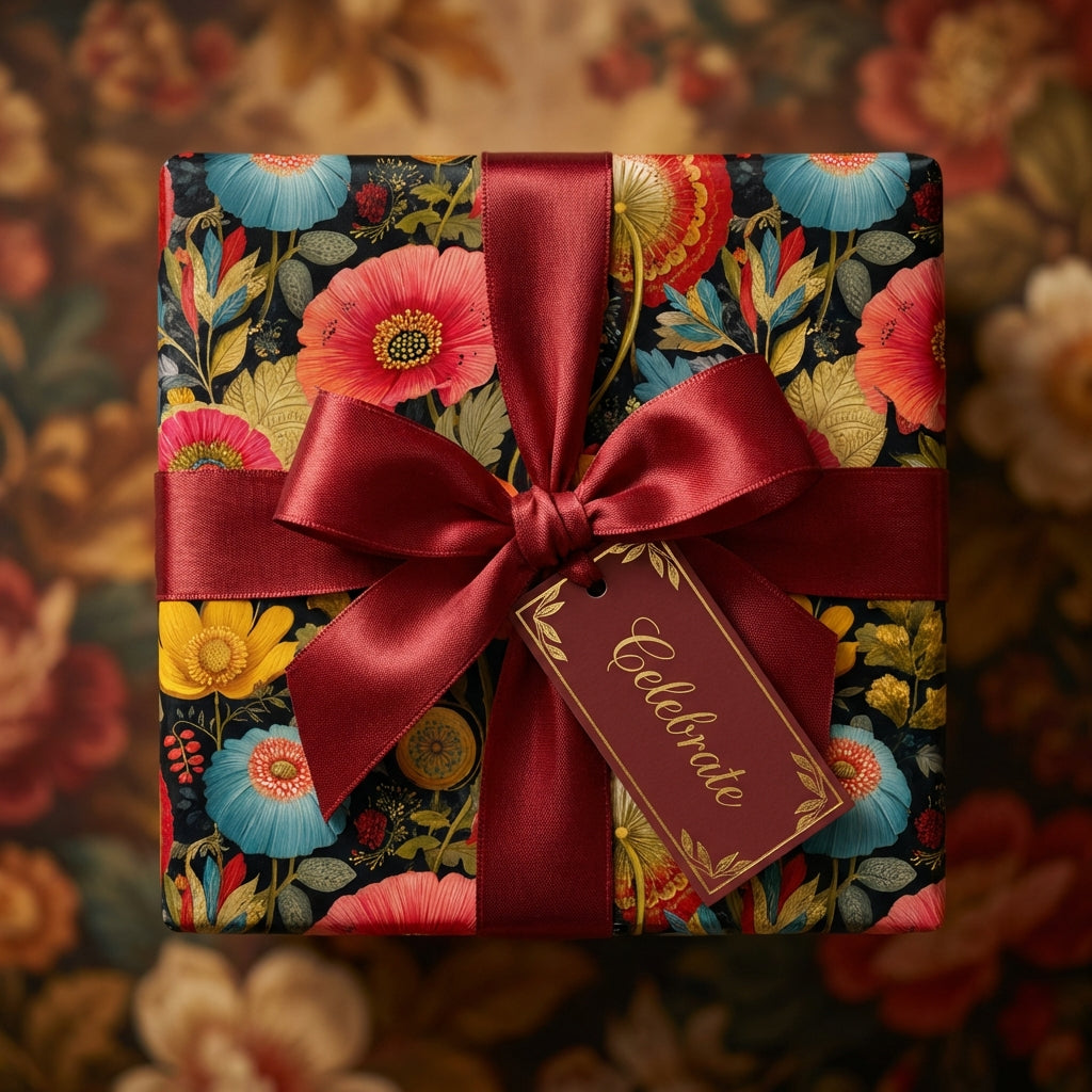 Square gift box in vintage floral wrapping paper with red ribbon and "Celebrate" tag.