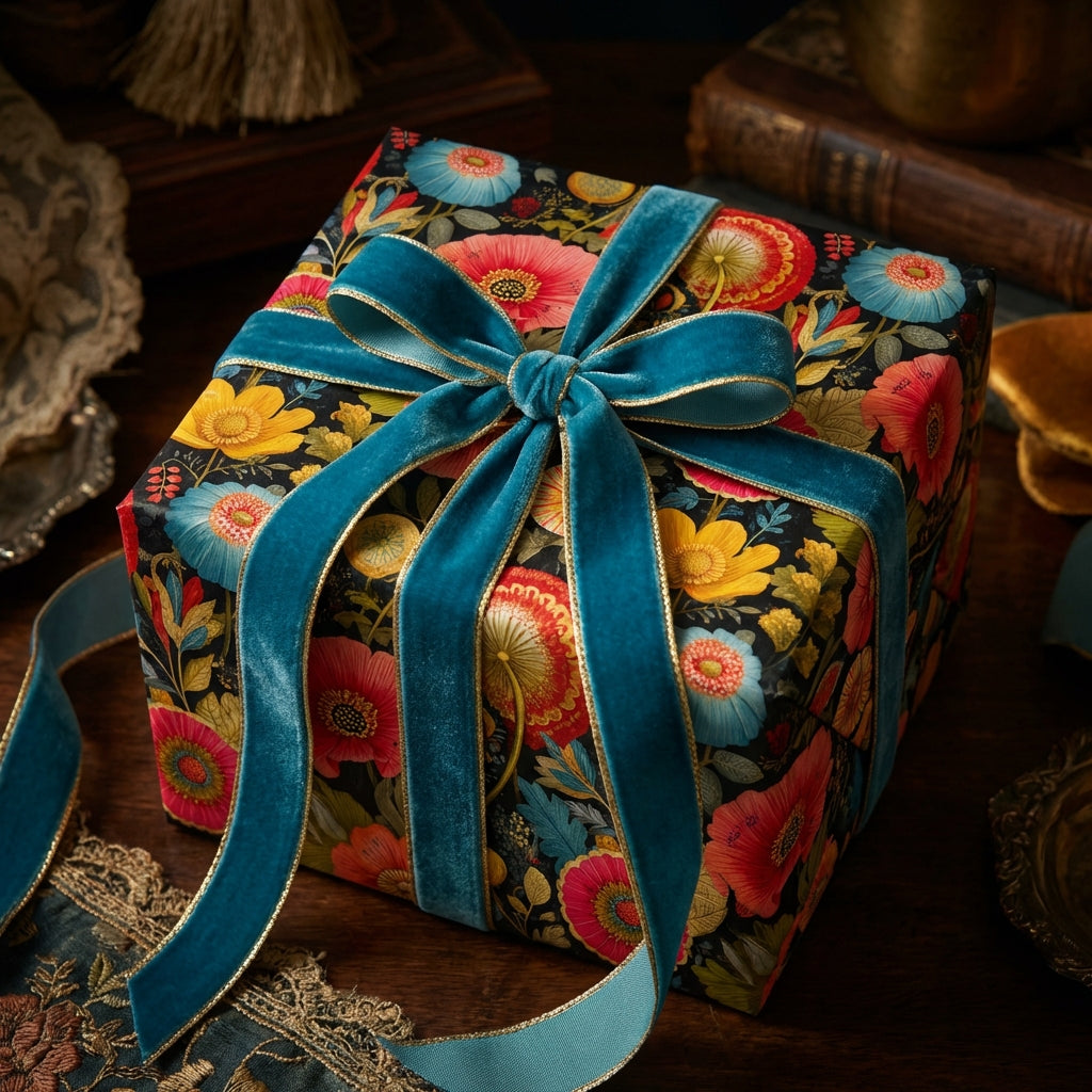 Elegant square gift wrapped in vintage floral wrapping paper with a teal velvet ribbon.