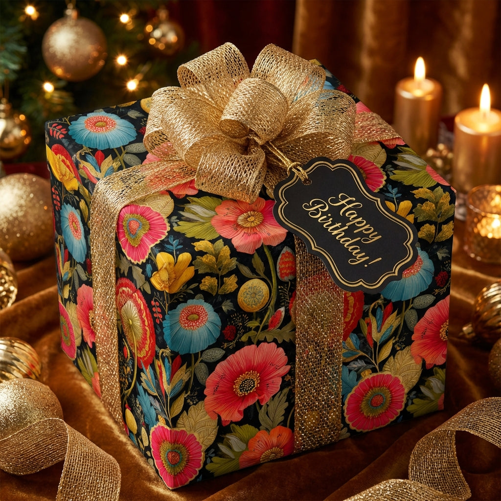 Elegant floral birthday wrapping paper with gold ribbon and "Happy Birthday" tag.