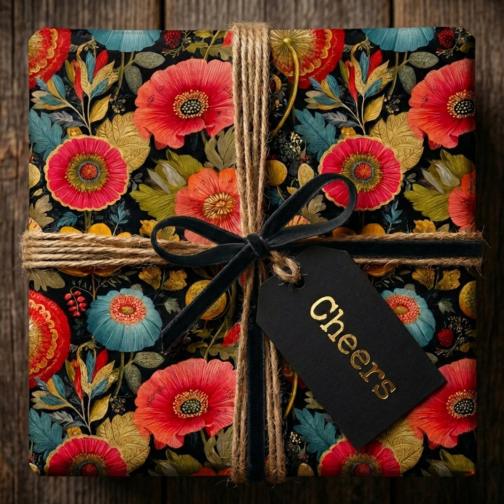 Elegant gift box wrapped in floral wrapping paper, secured with jute twine, a black velvet ribbon, and a "Cheers" tag.