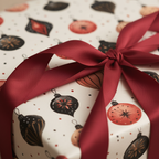 Christmas gift wrap with a festive ornament pattern in red and black, tied with a luxurious red satin ribbon.
