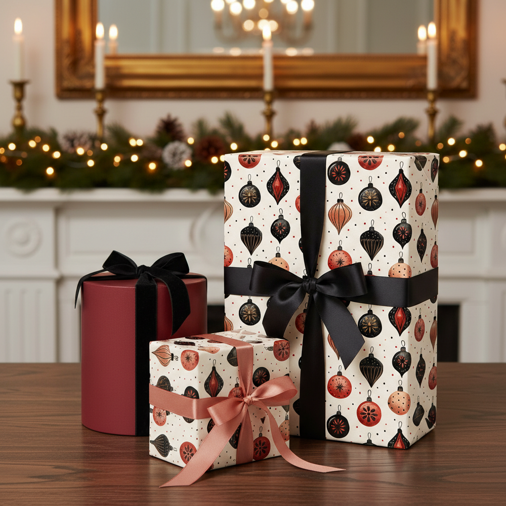 Elegant Christmas gift wrap featuring a vintage ornament pattern in black, red, and gold, tied with luxurious black and blush satin ribbons.