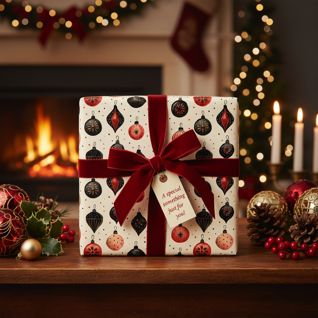 Elegant Christmas gift wrap with red ornaments on cream paper, tied with a luxurious velvet red ribbon and "A special something just for you!" tag, set on a wooden table with festive holiday decor and a cozy fireplace in the background.