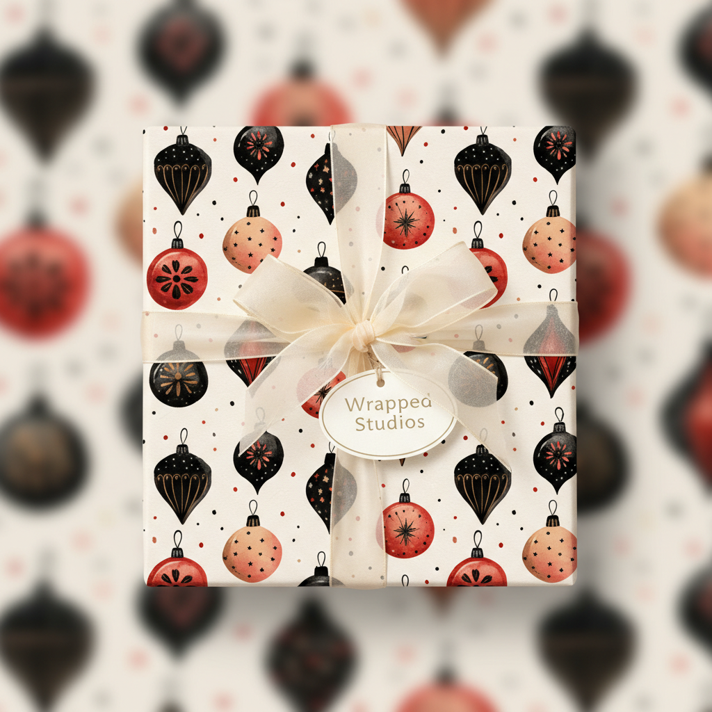 Elegant Christmas wrapping paper with vintage black and peach ornaments, tied with a sheer cream ribbon and gift tag.
