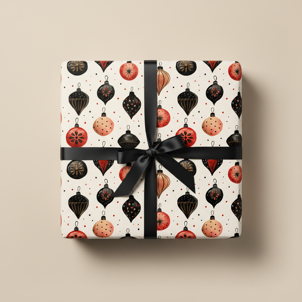 Festive Christmas wrapping paper with vintage-style red, black, and gold ornament pattern, tied with a black satin bow on a neutral background.