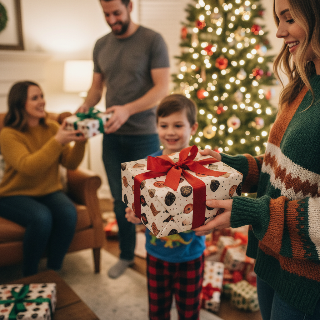 Christmas wrapping paper with a festive ornament pattern and red ribbon, presented by a smiling family in a cozy holiday home.