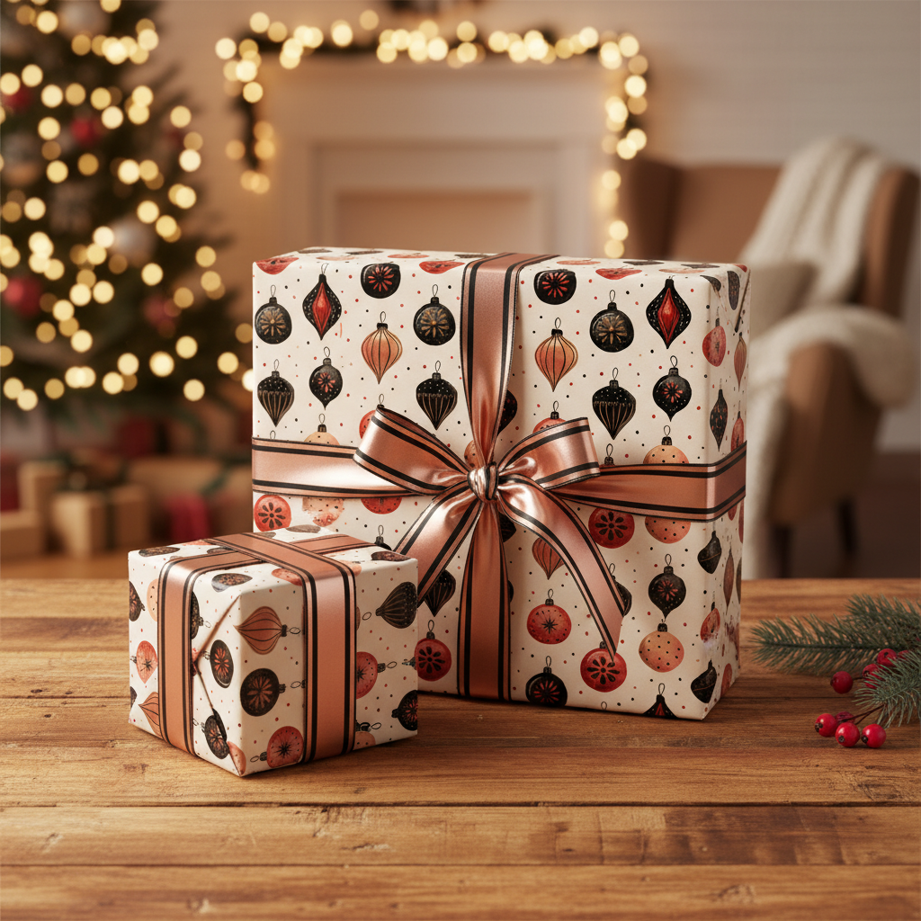 Christmas gift wrap in white with vintage bauble ornaments in red, black, and gold, tied with a satin ribbon, on a wooden table.