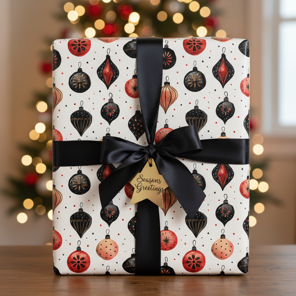 Elegant Christmas wrapping paper featuring black and red vintage ornament patterns, tied with a black satin ribbon and gold "Season's Greetings" tag.