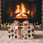 Christmas gift in festive ornament wrapping paper with a rose gold bow and "From Me To You" tag, by a cozy fireplace.