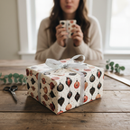 Christmas gift wrap with a festive ornament pattern, silver ribbon, and a gift tag on a rustic wooden table with a person holding a mug in the background.