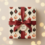 Vintage Christmas gift wrap in cream, black, and red ornament pattern, tied with a luxurious deep red ribbon and "With Love" tag.