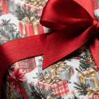 Luxury Christmas wrapping paper with vintage gift box pattern and red satin bow, by Wrapped Studios.