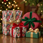 Luxury Christmas wrapping paper with vintage holiday patterns and velvet bows by Wrapped Studios.